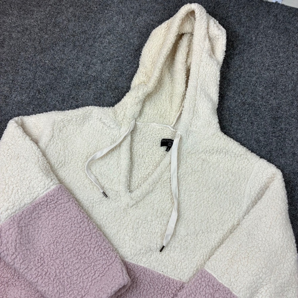 Dictionary Womens Colorblock Teddy Sherpa Hoodie Cream Lavender Size L